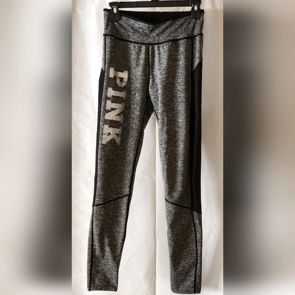 Victoria's Secret PINK Gray & Black Leggings Silver Glitter Graphic Logo Sz M/L - Picture 1 of 9